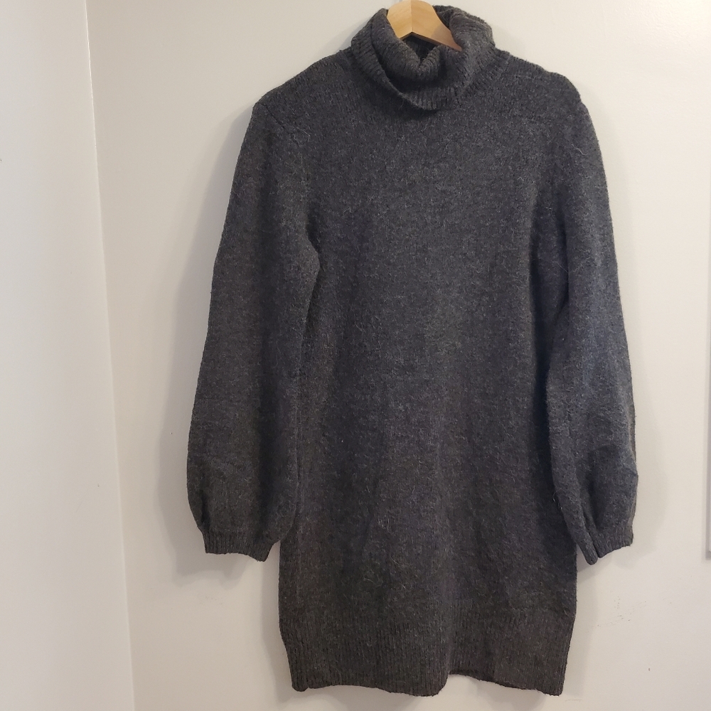Yes Lola anthro Large Sweater Dress Soft Alpaca Grey Bubble Sleeves Long Tunic
